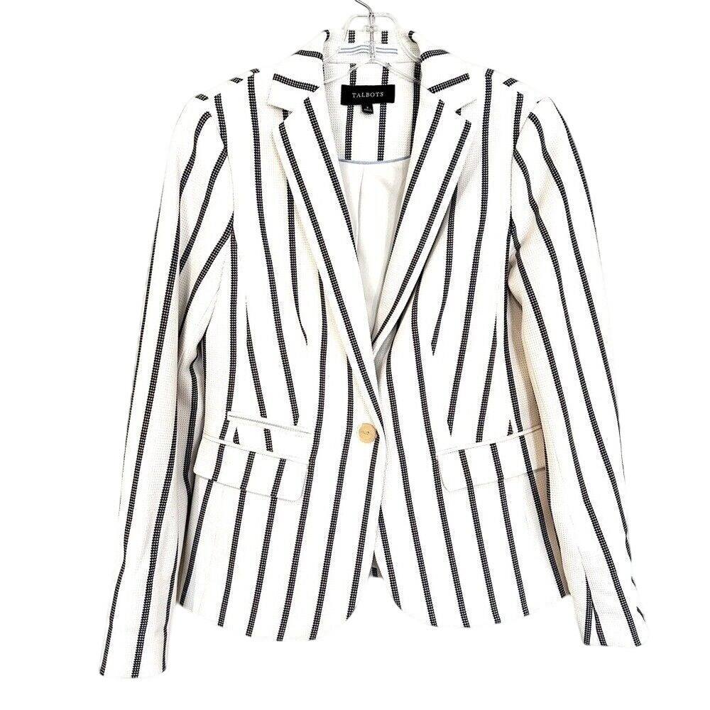Talbots Pinstriped Textured Summer Jacket Blazer Women's 2 Ivory Navy Career - Picture 1 of 7